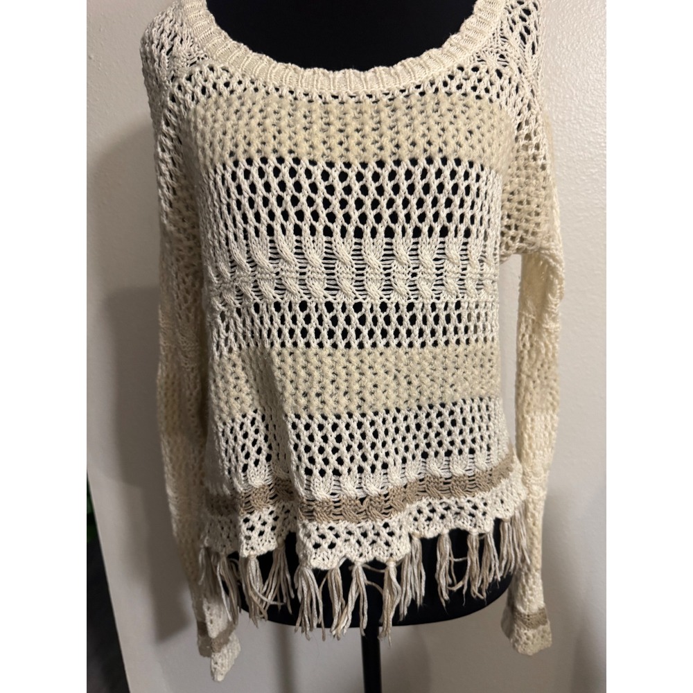 Flying Tomato Cream Open Knit Fringe Sweater ISW4532 Womens Medium Boho Crochet